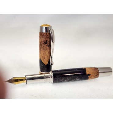 Rhodium and Gold Artisan pen with burl wood and deep purple resin. 